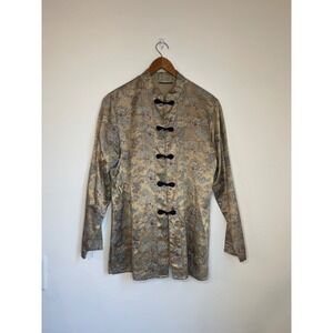 NOTATIONS Kimono Jacket Beige Gold Paisley Floral Mandarin Collar Frog Closure